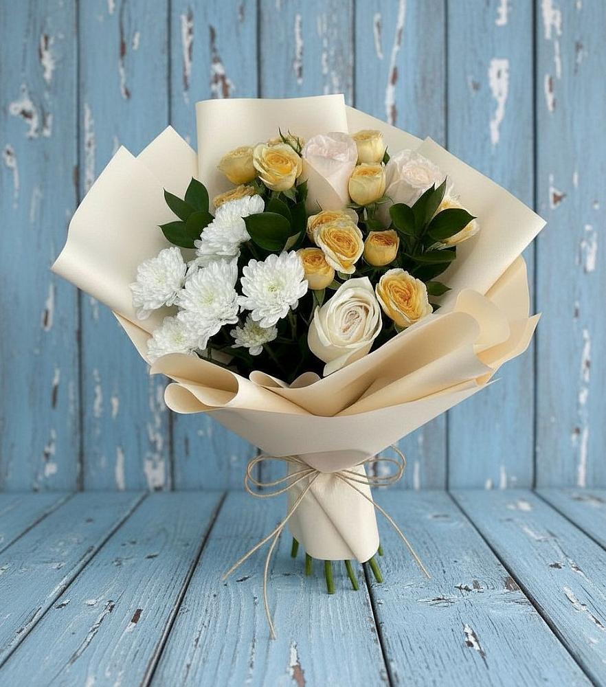 Букет цветов из: Розы и Хризантемы в Бородинское поле