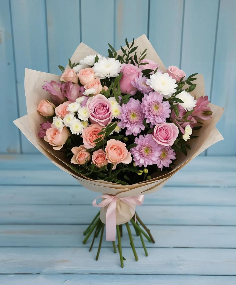 Букет цветов из: Хризантемы, Розы и Альстромерии в Бородинское поле