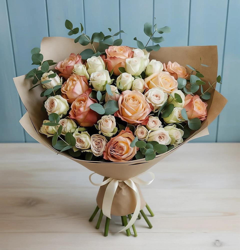 Букет цветов из: Альстромерии и Розы в Бородинское поле