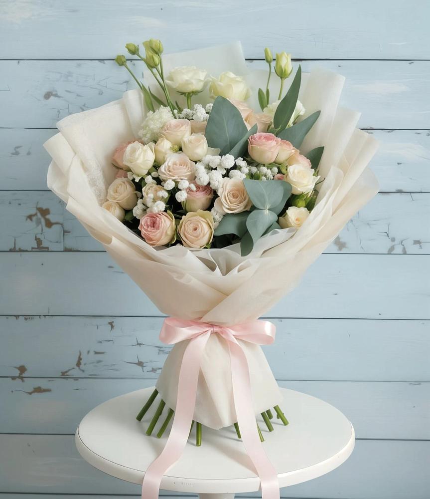 Букет цветов из: Розы и Лизиантусы в Бородинское поле