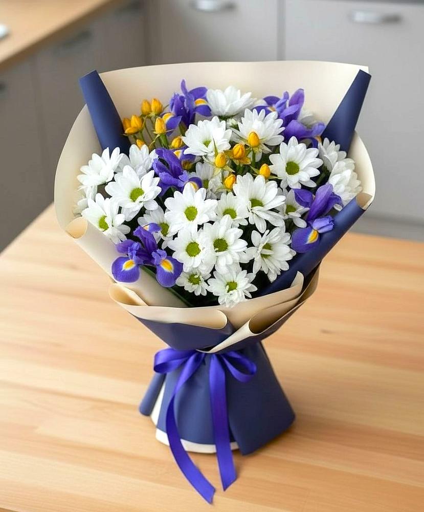 Букет цветов из: Розы, Ирисы и Хризантемы в Бородинское поле