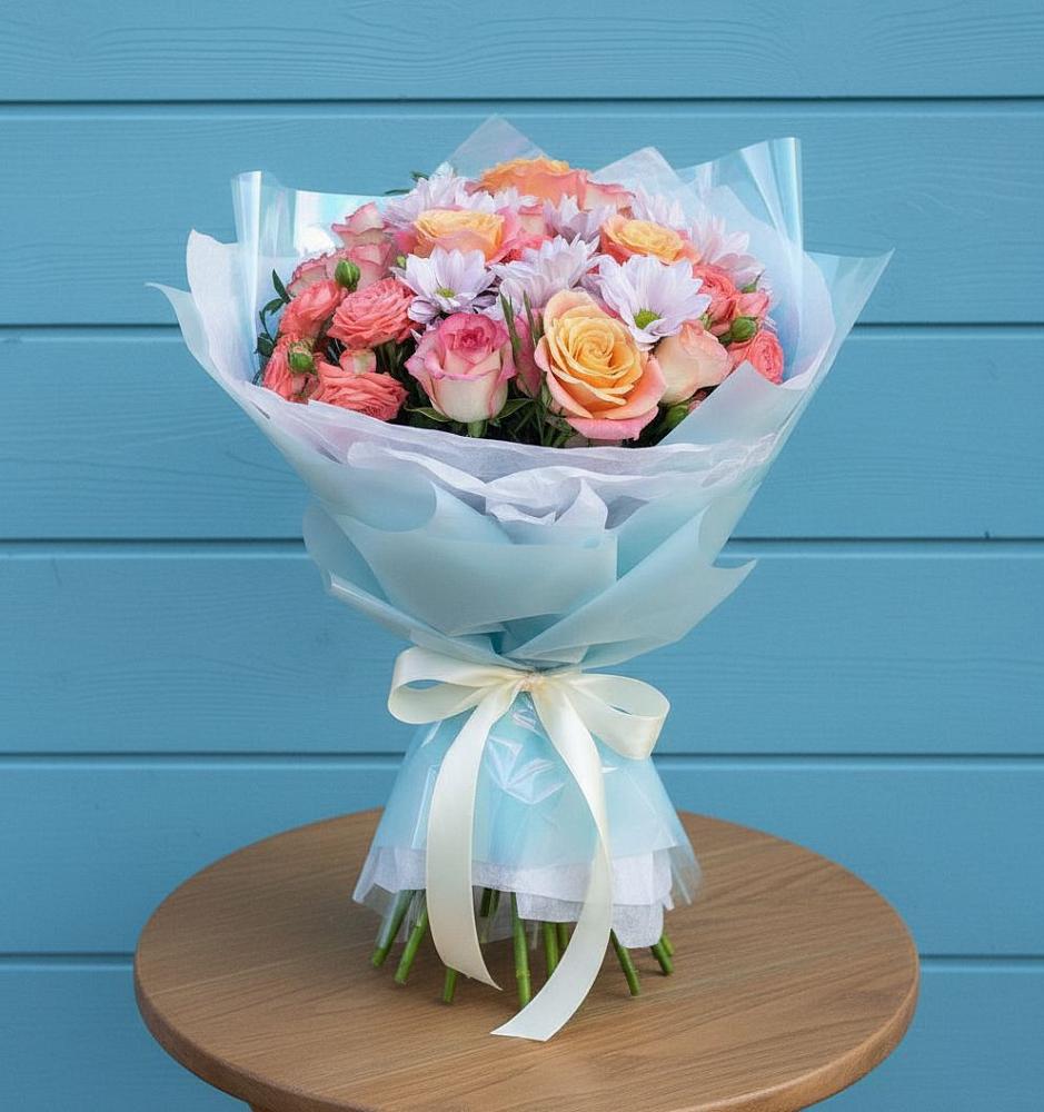 Букет цветов из: Хризантемы и Розы в Бородинское поле