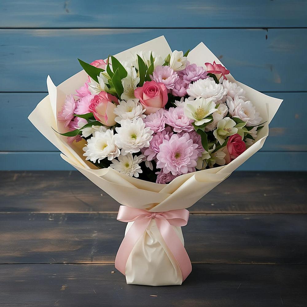 Букет цветов из: Хризантемы, Альстромерии и Розы в Бородинское поле